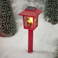 Gifi Borne solaire lanterne rouge vintage 10LED blanc chaud effet flamme H37cm^ Décoration Extérieure De Noël