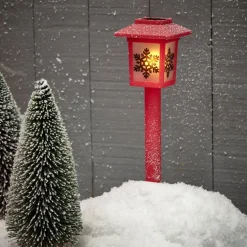 Gifi Borne solaire lanterne rouge vintage 10LED blanc chaud effet flamme H37cm^ Décoration Extérieure De Noël