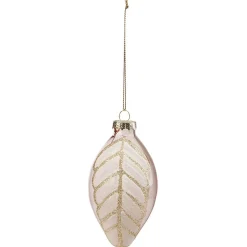 Gifi Boule de Noël allongée en verre motif feuille blanche dorée^ Décoration Sapin