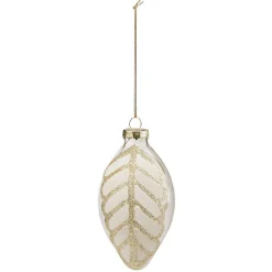 Gifi Boule de Noël allongée en verre motif feuille blanche dorée^ Décoration Sapin