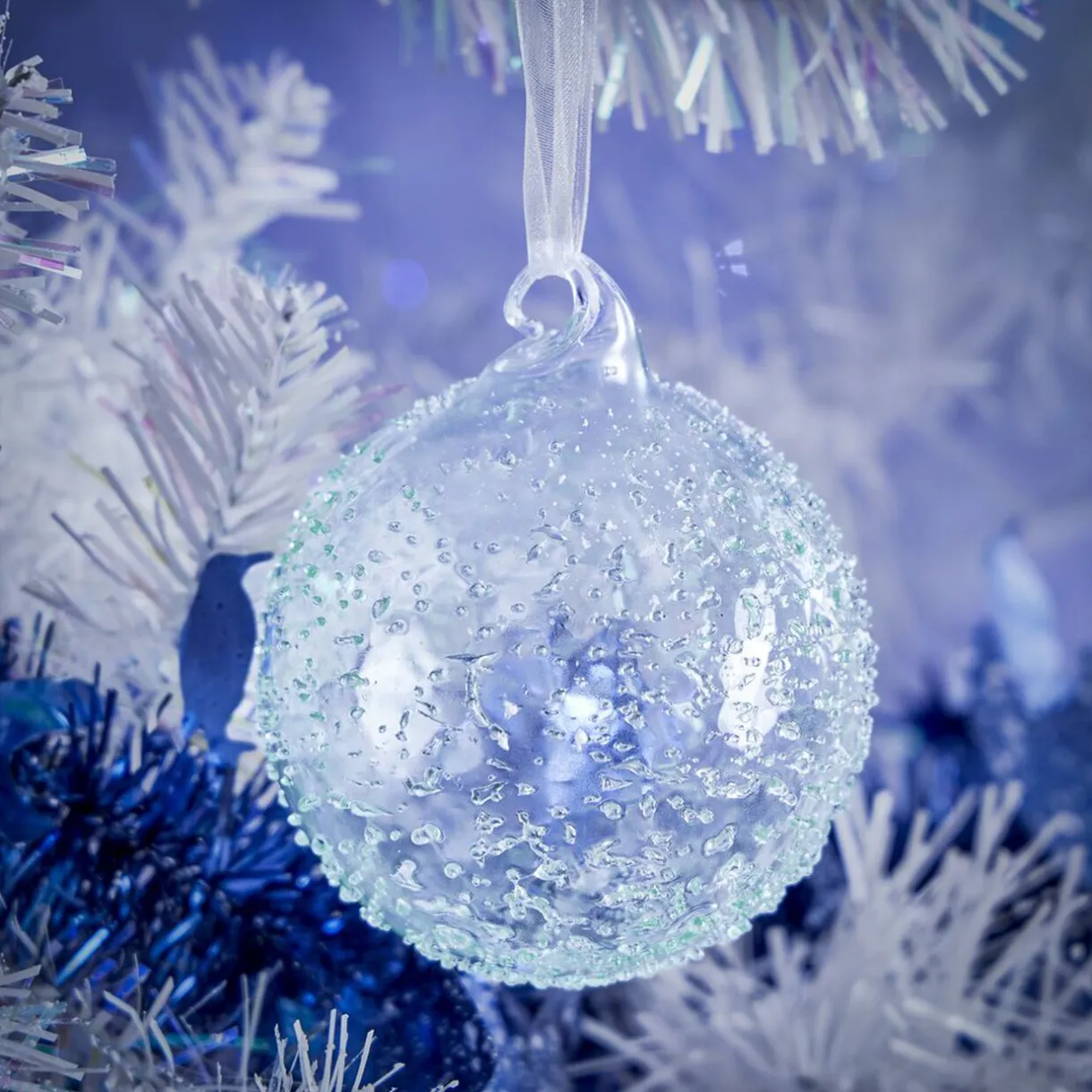 Gifi Boule de Noël en verre effet perlé bleu transparent Ø8cm^ Décoration Sapin