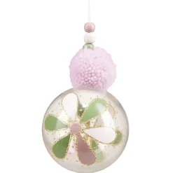 Gifi Boule de Noël transparente motif fleur avec pompon et perles^ Décoration Sapin