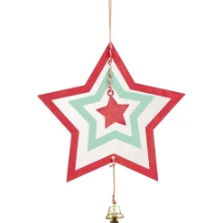 Gifi Décoration de Noël bois 3D forme étoile rouge et verte avec clochette^ Décoration Sapin