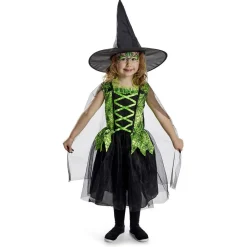 Outlet Gifi Déguisement enfant Halloween sorcière robe chapeau noir vert 7/10ans