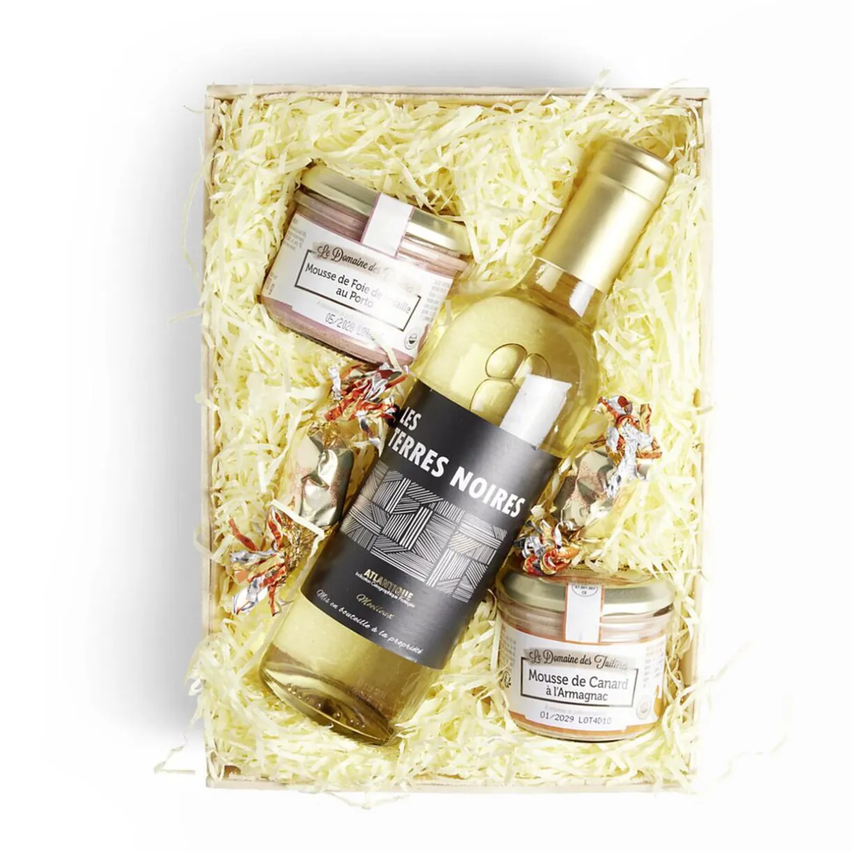 Hot Gifi Panier gourmand 1 bouteille vin blanc/2 pâtés/2 papillotes chocolat