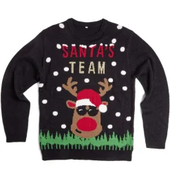 Gifi Pull de Noël inscription Santa's Team Renne noir S/M ou L/XL^ Déguisement Et Tenue De Noël