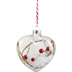 Gifi Suspension Noël coeur en verre avec fausse neige et baies rouges H.9 cm^ Décoration Sapin
