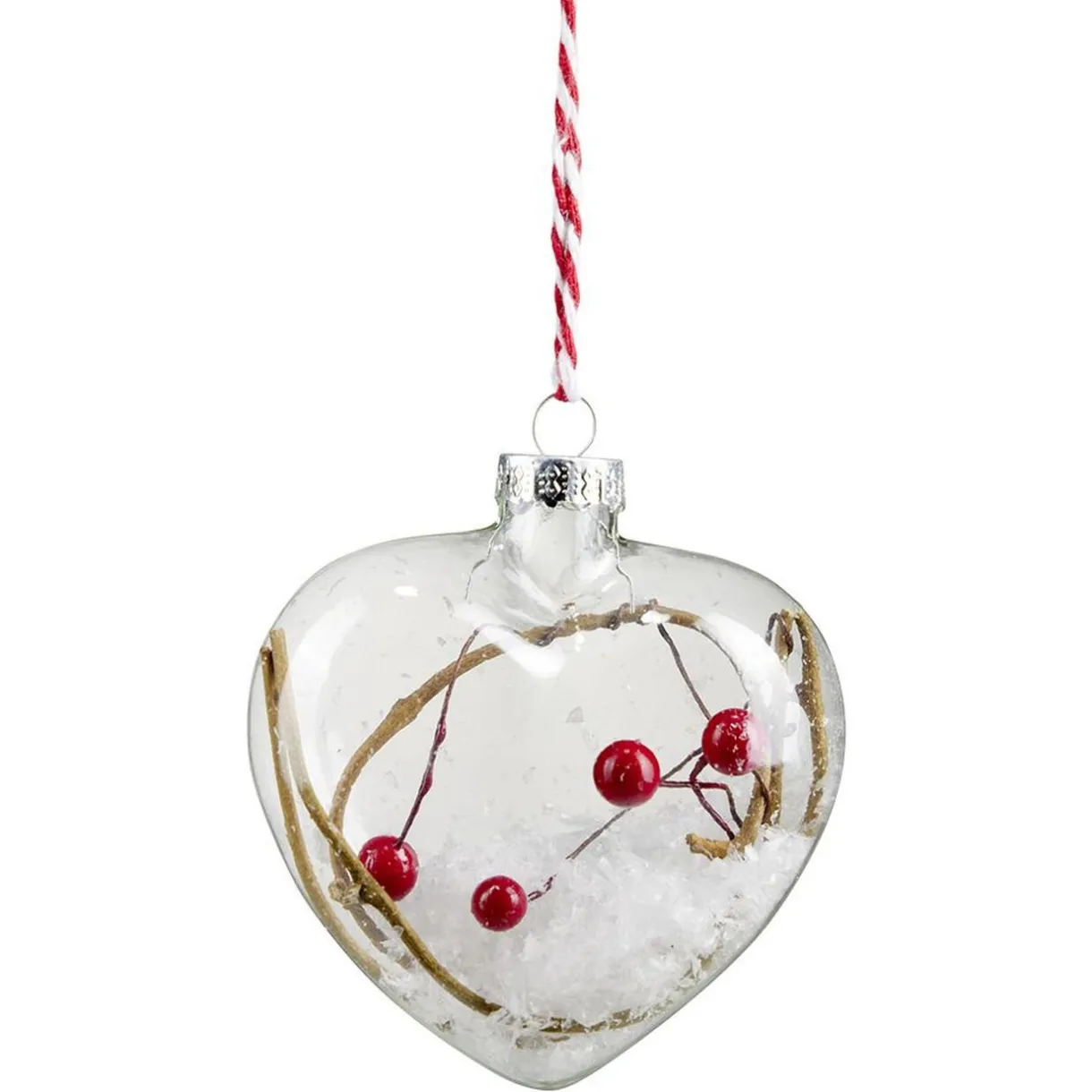 Gifi Suspension Noël coeur en verre avec fausse neige et baies rouges H.9 cm^ Décoration Sapin