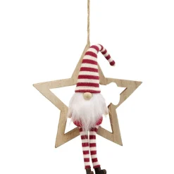 Gifi Étoile en bois à suspendre avec gnome assis rouge et blanc H.17 cm^ Décoration Sapin